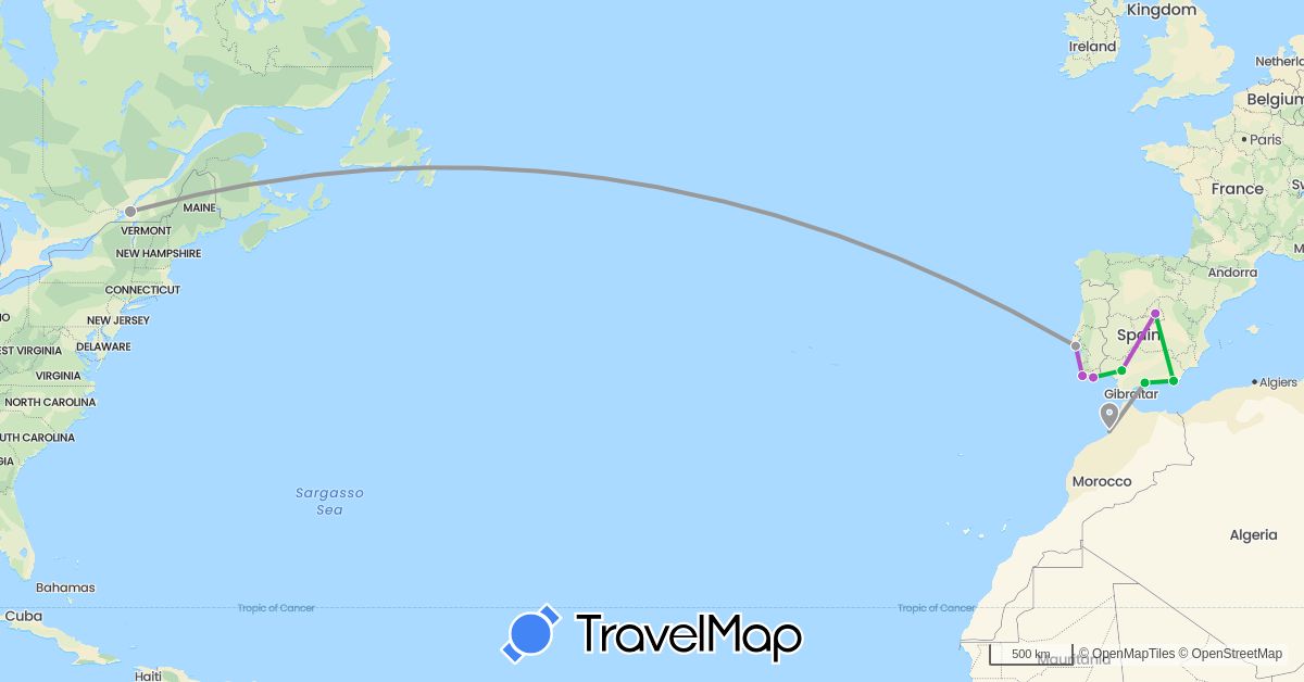 TravelMap itinerary: driving, bus, plane, train in Canada, Spain, Morocco, Portugal (Africa, Europe, North America)